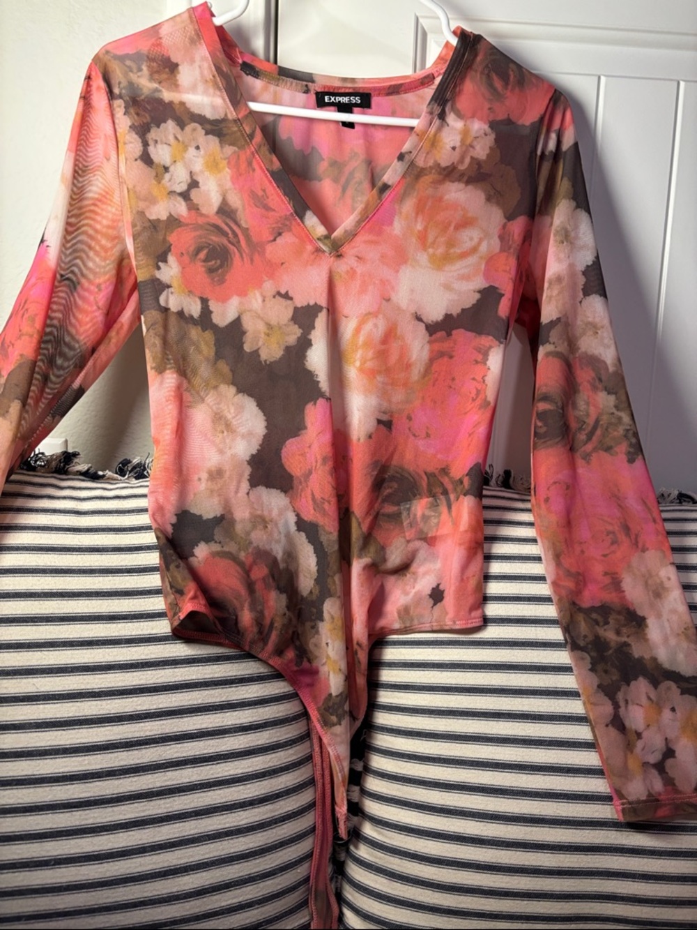 Express Floral V-Neck Sheer Bodysuit - Coral, Brown & Cream